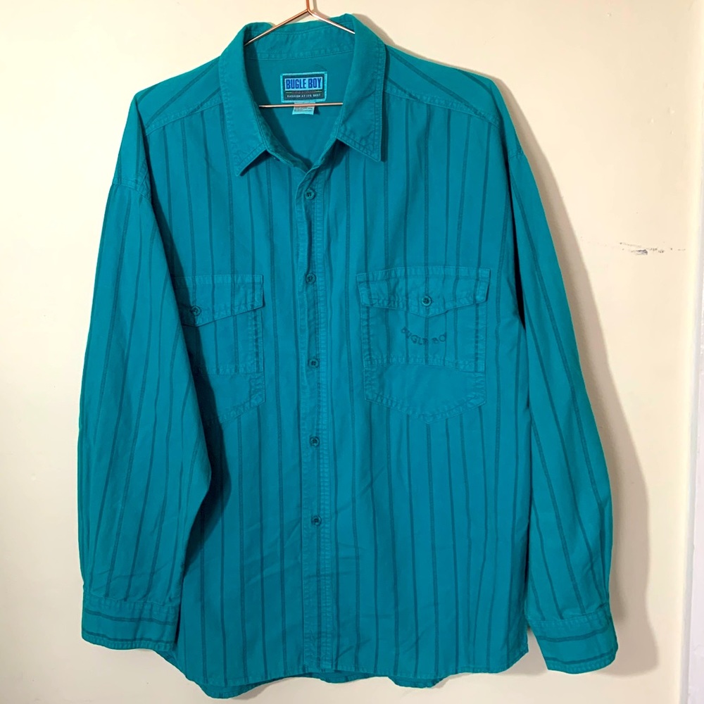 VTG 90’s | Bugle Boy | logo spell out striped button up shirt XL